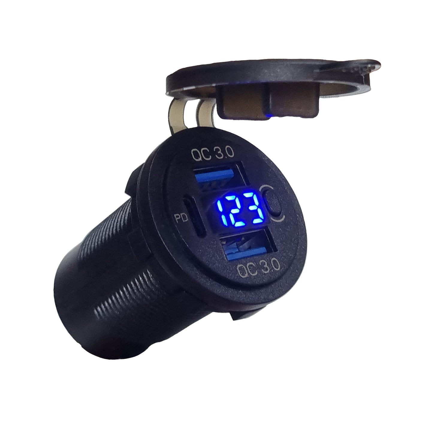 Dual QC3.0 USB & Type C PD (3 Ports) Socket Charger with Voltmeter & On/Off Switch - Blue LED
