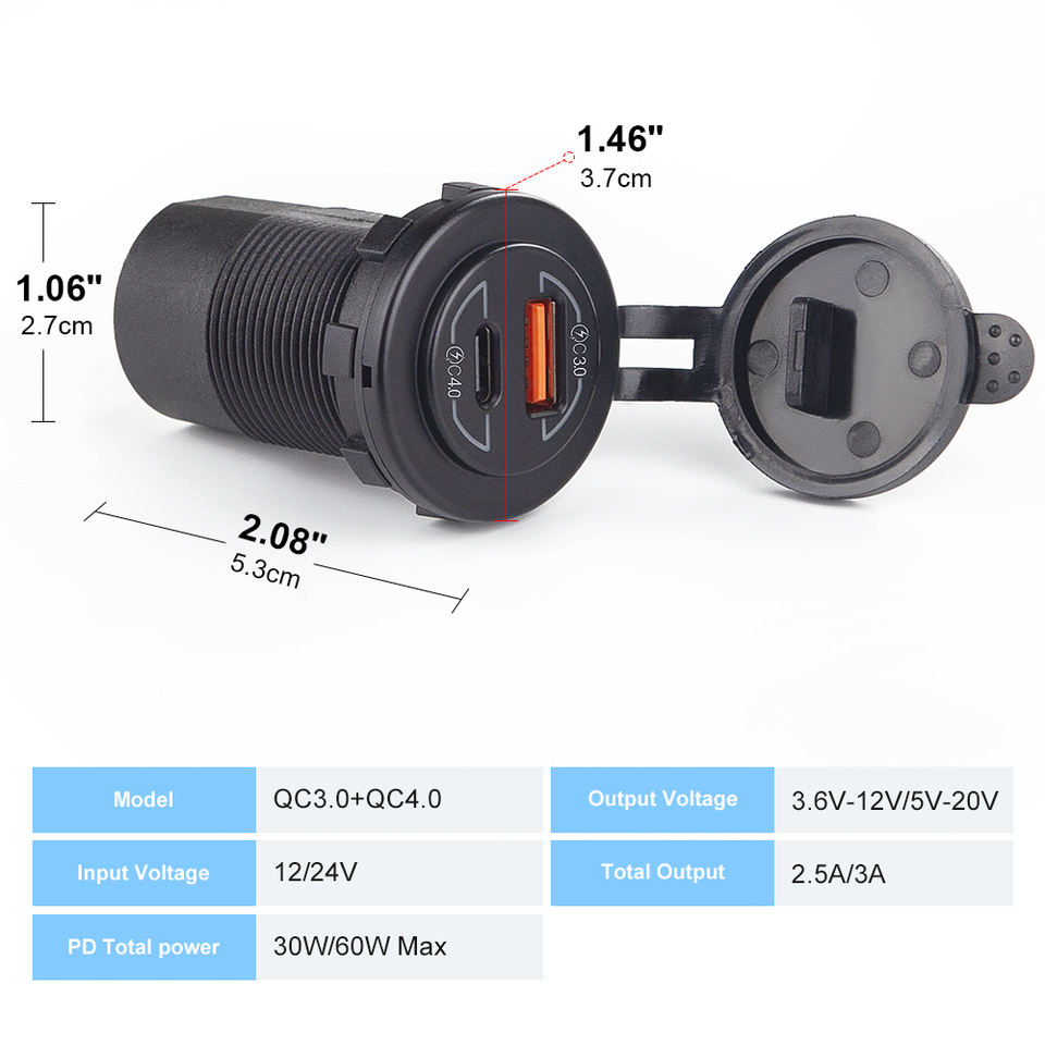 Dual QC4.0 Type-C & QC3.0 USB Charger Socket - Blue LED
