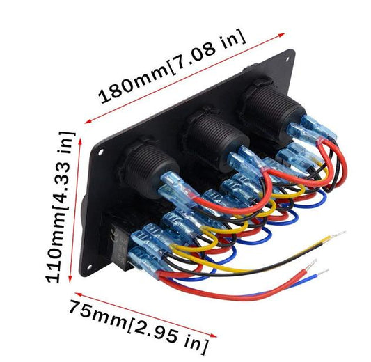 6 gang switch panel, with 12V power socket, voltmeter and 2.1A dual USB charger, blue LED - the4x4store.co.za