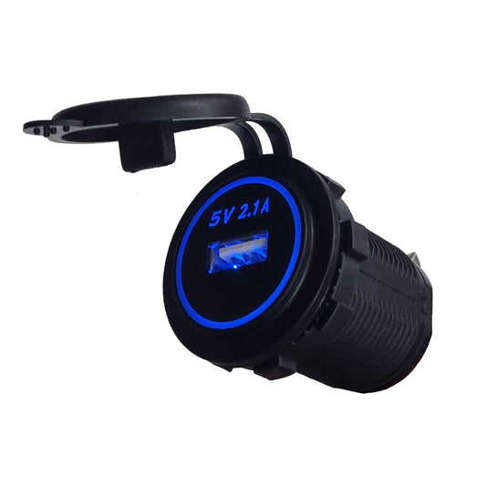12V Single 2.1A USB Socket Charger - Blue LED
