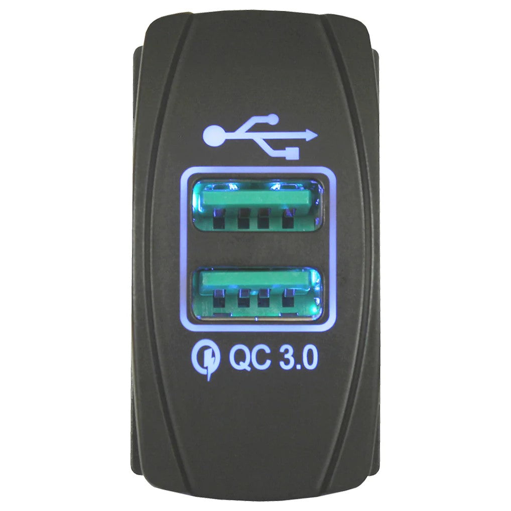 Dual QC 3.0 USB Rocker Style Charger - Blue LED