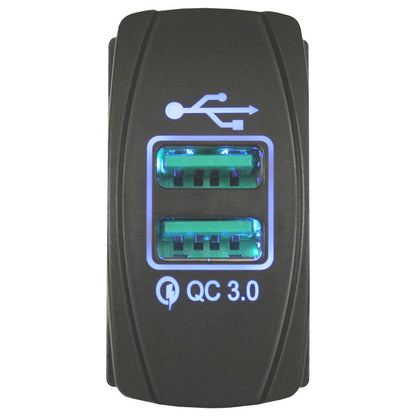 Dual QC 3.0 USB Rocker Style Charger - Blue LED