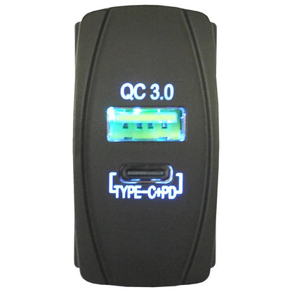 Type C + QC 3.0 USB Rocker Style Charger - Blue LED