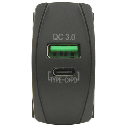 Type C + QC 3.0 USB Rocker Style Charger - Blue LED