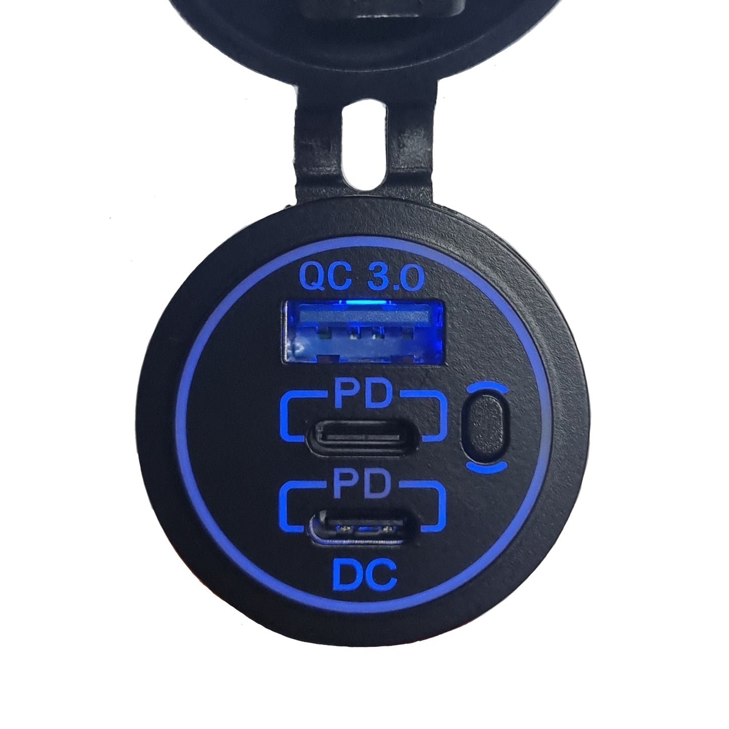 Dual Type-C + QC 3.0 USB Charger Socket with On/Off Switch - Blue LED