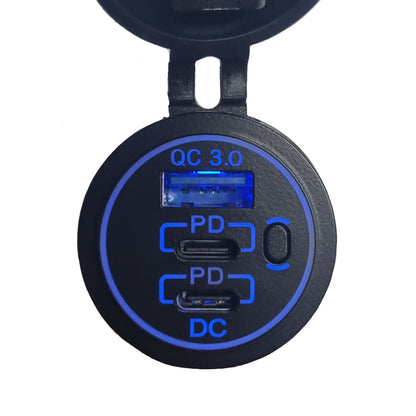 Dual Type-C + QC 3.0 USB Charger Socket with On/Off Switch - Blue LED