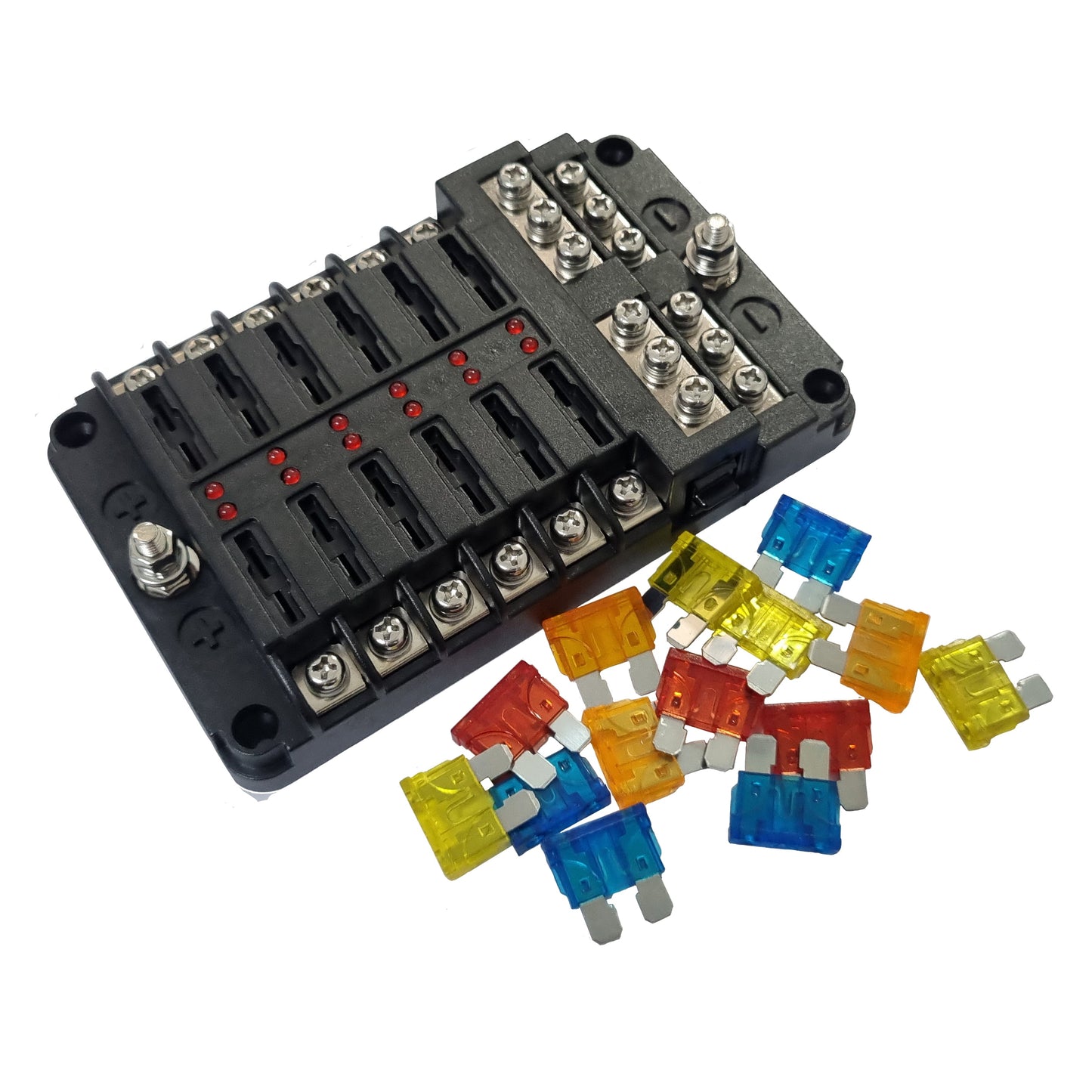 12 Way Fuse Box with Negative Bus and LED Indicator