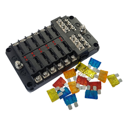 12 Way Fuse Box with Negative Bus and LED Indicator