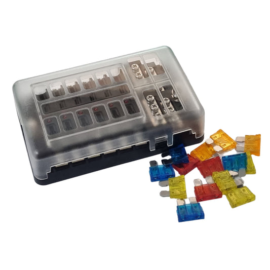 12 Way Fuse Box with Negative Bus and LED Indicator