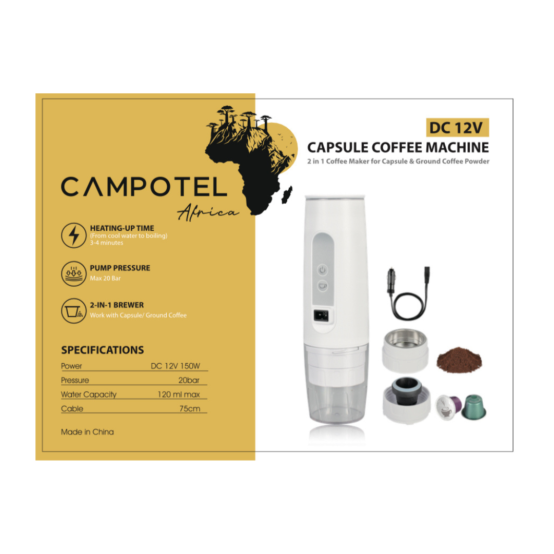 12V Portable Coffee Maker – Compatible with Capsules/Pods & Ground Coffee