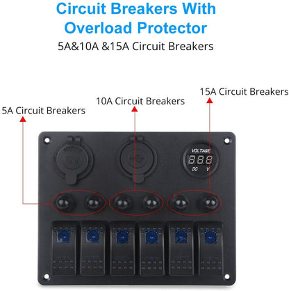 6 Gang Switch Panel With Voltmeter & Chargers Circuit Breakers