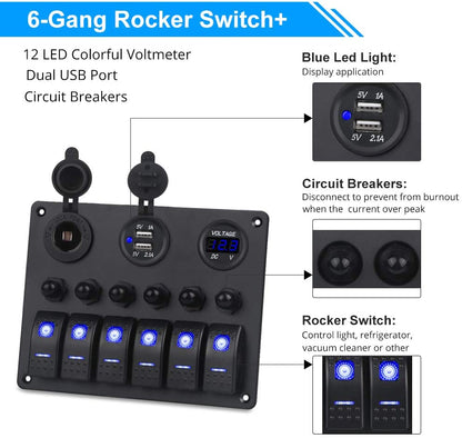 6 Gang Switch Panel With Voltmeter & Chargers Circuit Breakers