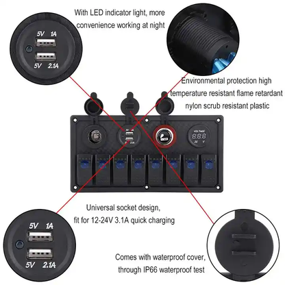 8 Gang Switch Panel With Various Sockets + Voltmeter