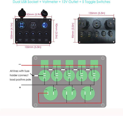 Multi Panel - 5 Gang Round Rocker Switch Panel with Dual USB, Voltmeter & Power Socket