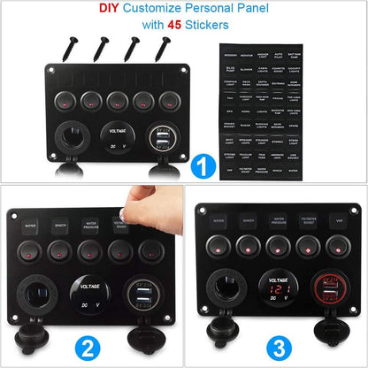 Multi Panel - 5 Gang Round Rocker Switch Panel with Dual USB, Voltmeter & Power Socket