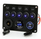 Multi Panel - 5 Gang Round Rocker Switch Panel with Dual USB, Voltmeter & Power Socket