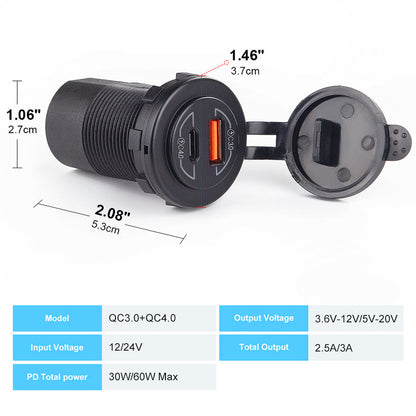 Dual QC4.0 Type-C & QC3.0 USB Charger Socket - Blue LED