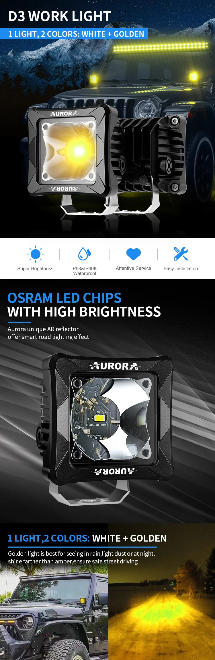 Aurora 3Inch 30W Yellow and White Color Led Driving Auxiliary Fog Lamp (Pair)