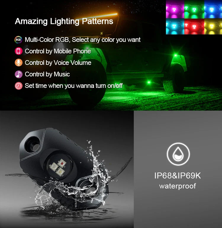 Aurora RGB LED Rock Lights – 8 Pod Set | Bluetooth