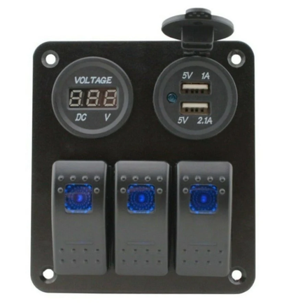 3 Gang Rocker Switch Panel + Voltmeter & 3.1A Dual USB Charger - Blue LED